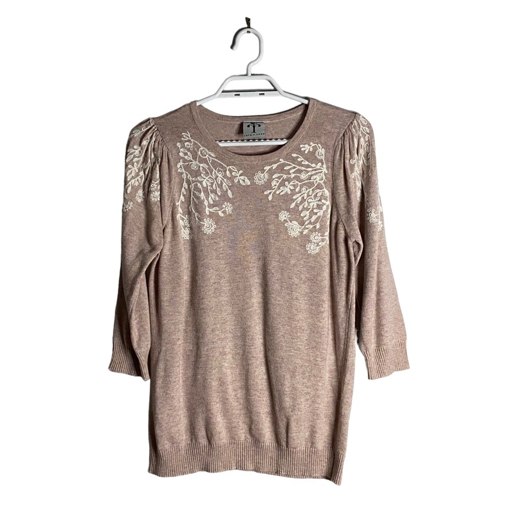 Rain + Rose Soft Pink Floral Embroidered Puff Sleeve Sweater